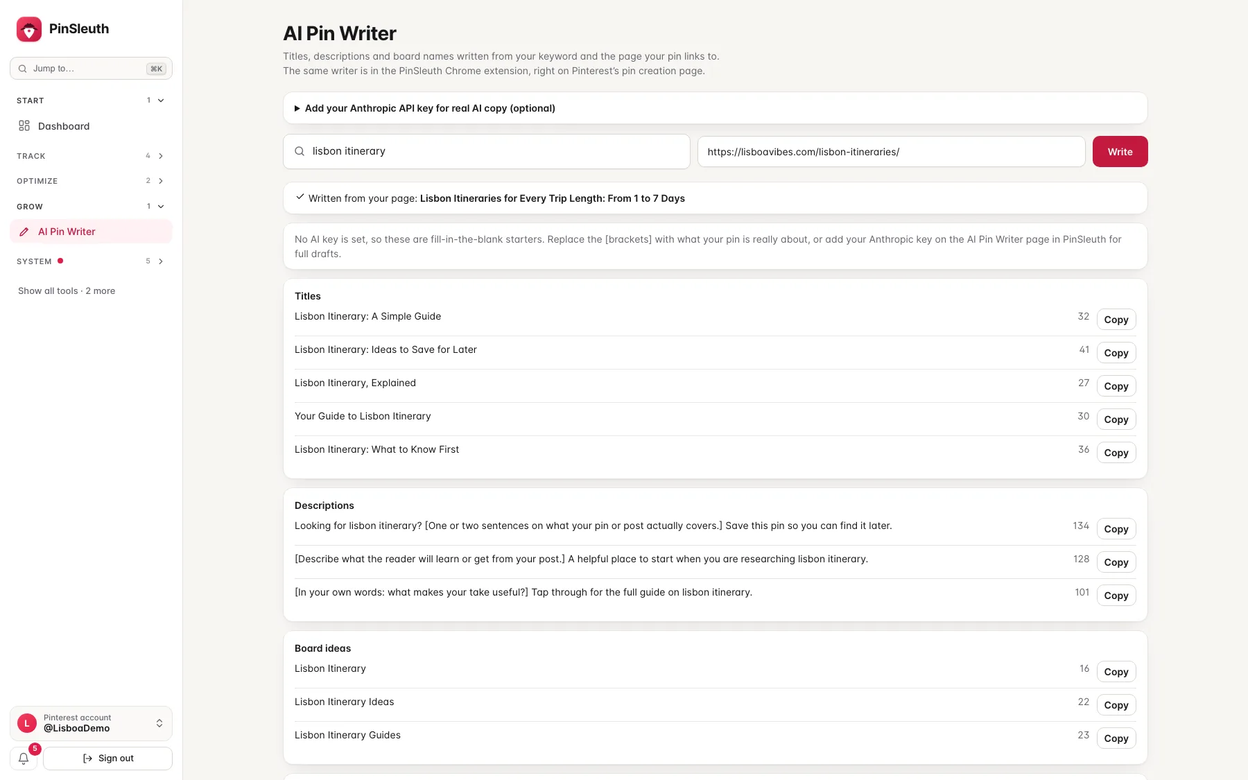 The SleuthLens pin writer: titles, descriptions, board ideas and alt text written from a keyword and the page the pin links to, each with a Copy button